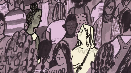 Illustration of a white woman and a black woman looking at each other in a group of people.