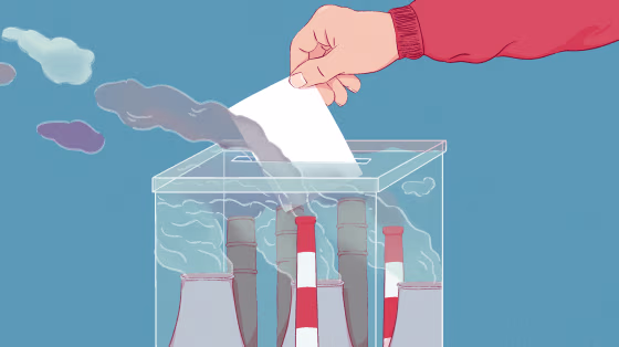 Illustration of hand casting ballot in a ballot box with smoke stacks inside.