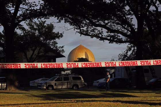 Image: A police officer stands guard in front of the Masjid Al Noor mosque in Christchurch, New Zealand,