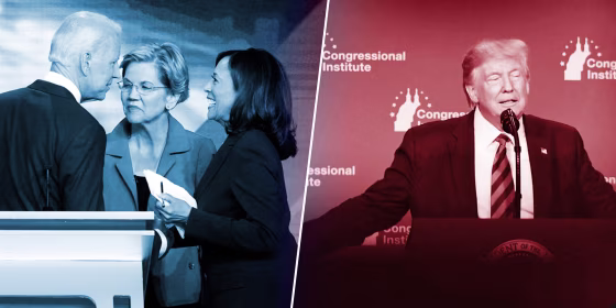 Image: Joe Biden, Elizabeth Warren, Kamala Harris,  Donald Trump