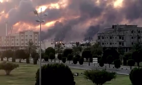 Image: Smoke rises from a fire at the Aramco factory in Saudi Arabia on Sept. 14, 2019.