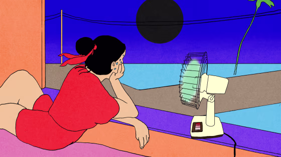 Illustration of woman staring out window as a fan blows.