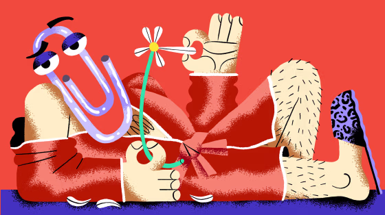 Illustration of a paper clip posing in a sexy way.