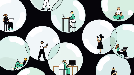 Illustration of people on computers and devices inside their own bubbles.