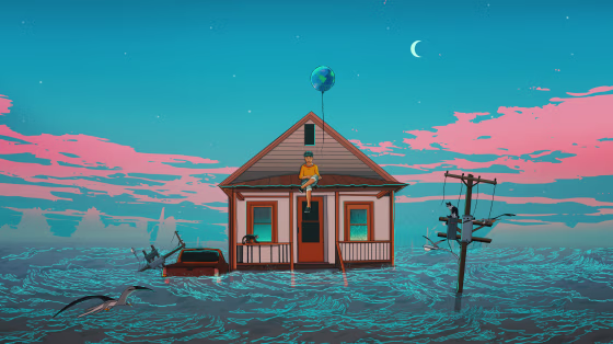 Illustration of person sitting on a flooding home while they let go of an earth-shaped balloon.