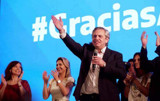 Image: Alberto Fernandez celebrates after winning the Argentinian presidential election in Buenos Aires on Oct. 27, 2019.