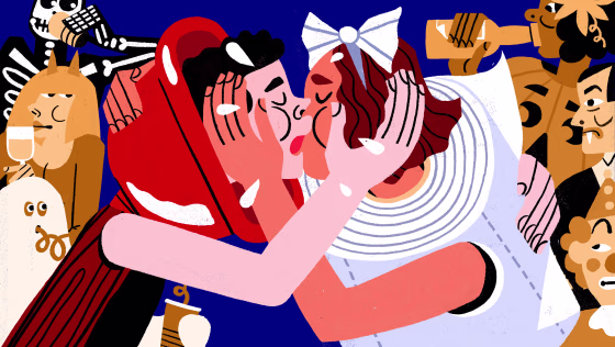 Illustration of couple dressed as a toilet plunger and toilet paper kissing and embracing.