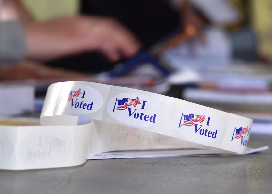 I Voted stickers at a polling station on the campus of the University of California, Irvine, on Nov. 6, 2018 in Irvine, Calif.