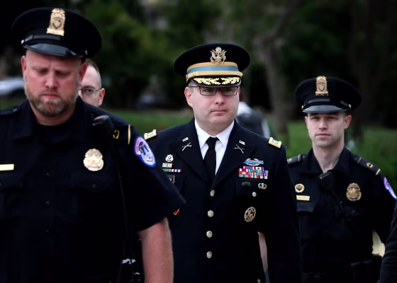 Image: Lt. Col. Alexander Vindman, director for European Affairs at the National Security Council, arrives at the Capitol for a deposition on Oct. 29, 2019.