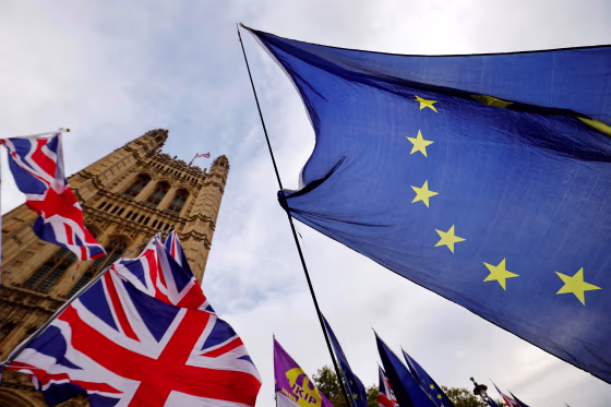 Image: Anti-Brexit activists' EU flags are pictured alongside the Union flags of pro-Brexit activists as they demonstrate outside of the Houses of Parliament in London