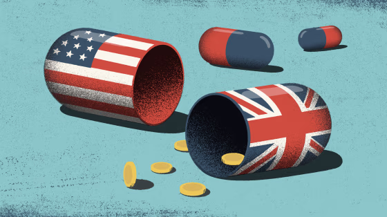 Illustration of a broken open pill, one side with an American flag and another side with the British flag. Coins fall out of the pills.