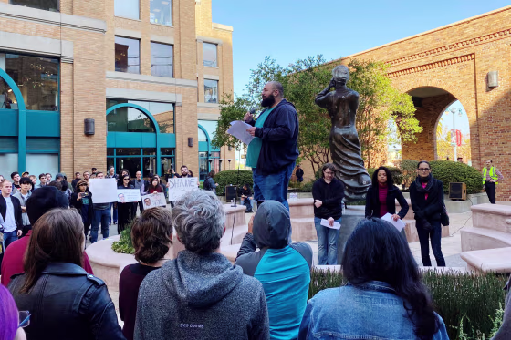 Laurence Berland addresses Google employees about how the company put him on administrative leave during a rally near a Google office in San Francisco on Nov. 22, 2019.