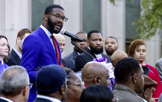 Image: Birmingham Mayor Randall Woodfin speaks at a vigil in Alabama on Oct. 23, 2019.