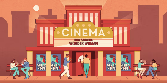 Illustration of people outside movie theatre watching movies on their phones as Wonder Woman sells out the theatre.