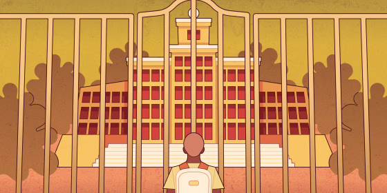 Illustration of young woman locked outside a college campus.
