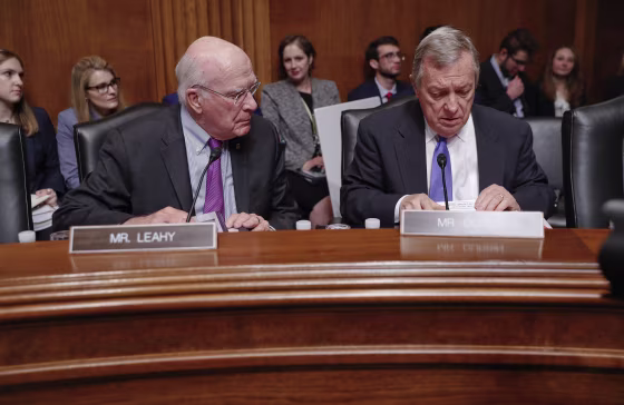 Image: Sen. Patrick Leahy, D-Vt., left, and Sen. Richard Durbin, D-Ill., right, prepare to hear testimony at the Senate Judiciary Committee on Capitol Hill