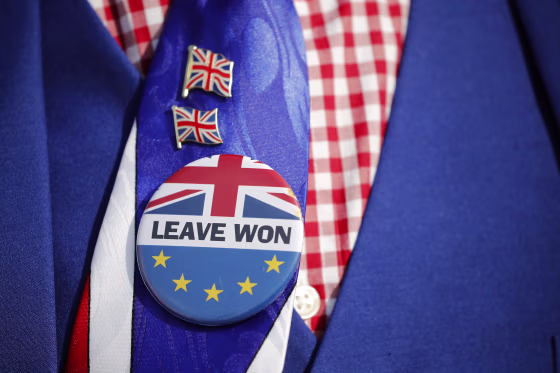 Image: Pro-Brexit activist Joseph Afrane wears a Leave button as he demonstrates outside the Houses of Parliament in Westminster, London