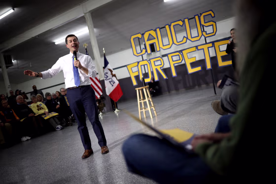 Image: Pete Buttigieg answers questions from voters during a town hall event in Boone, Iowa, on Jan. 27, 2020.