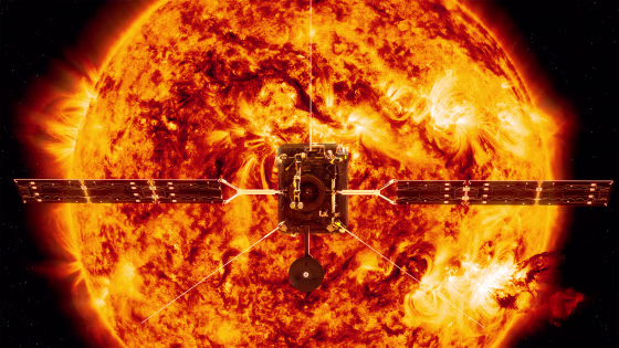 This illustration made available by NASA depicts the Solar Orbiter satellite in front of the sun. 