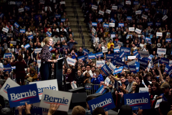 Image: Cynthia Nixon speaks to supporters of Sen. Bernie Sanders during a rally in New Hampshire on Feb. 10, 2020.