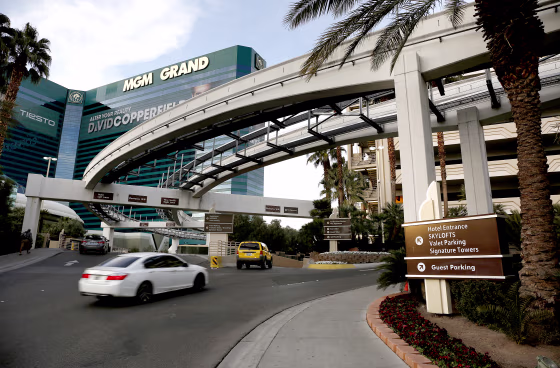Cars drive into the MGM Grand Hotel and Casino in Las Vegas in January 2016.