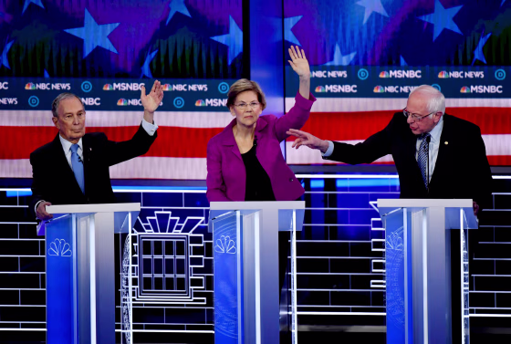 Image: Mike Bloomberg, Sen. Elizabeth Warren and Sen. Bernie Sanders speak at a Democratic presidential primary debate in Las Vegas on Feb. 19, 2020.