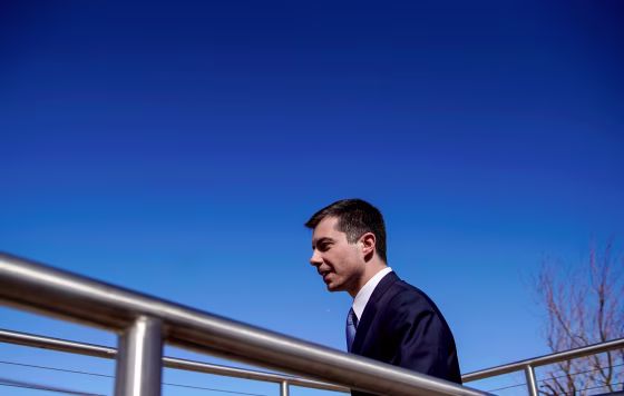 Image: Pete Buttigieg arrives for a roundtable with environmental activists and Native American leaders in Las Vegas on Feb. 21, 2020.