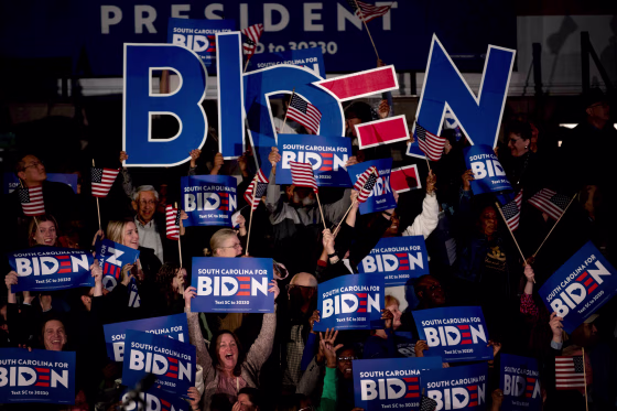 Image: Supporters cheer for Joe Biden as polls close in South Carolina on Feb. 29, 2020.