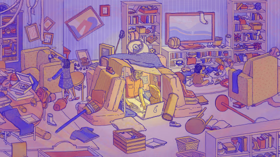 Illustration of parent trying to work on laptop beneath a pillow fort as children run amok around him.