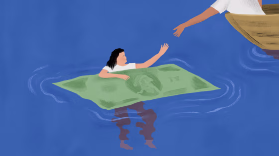 Illustration of person holding onto a paper bill raft as a hand from a boat reaches to help.