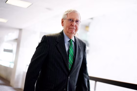 Image: Senate Majority Leader Mitch McConnell arrives for a luncheon at the Hart Senate Office Building on March 19, 2020.