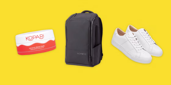 Image: Kopari's Coconut Detox Mask, a Nomatic backpack, and Greats sneakers.