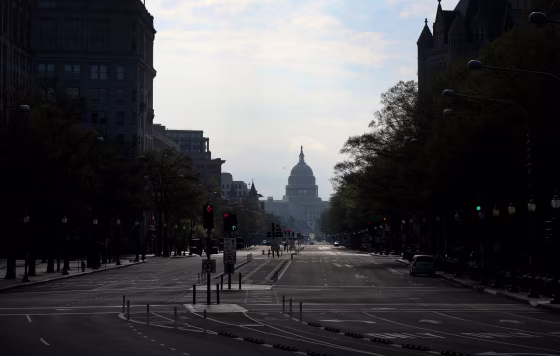 Image: An empty Washington street looking towards the Capitol on April 7, 2020.