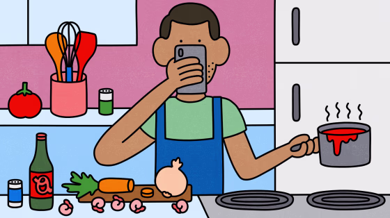 Illustration of man looking at at his phone for a recipe while cooking.