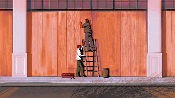 Illustration of two men boarding up a storefront.
