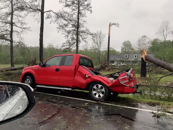 Storms hit parts of Alabama on Sunday as forecasters warned of possible tornadoes and flooding in the South. A pickup truck in Alexander City, Alabama, was damaged.