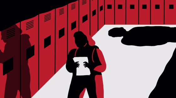 Image: A young girl walks down a hallway of school lockers as a shadowy figure approaches from behind.