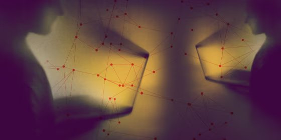 Image: Shadowy figures work on laptops in the midst of a conspiracy web