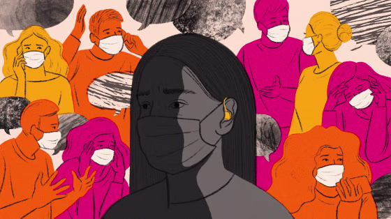 Image: A frustrated woman wearing a mask and behind-the-ear hearing device surrounded by text bubbles and people in masks frantically speaking.