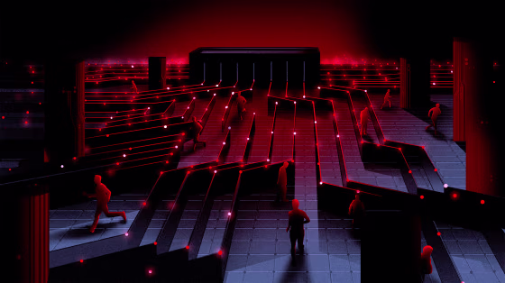Illustration of men running away from a lifesize computer program.