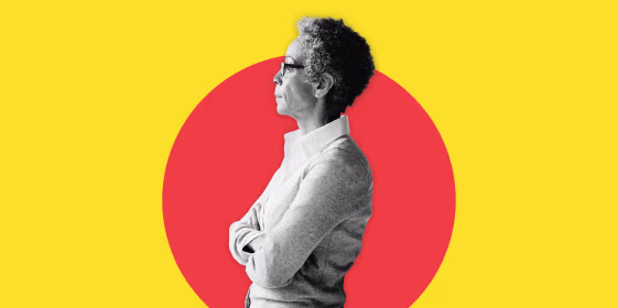 Image: An older woman inside an orange circle on a bright yellow background.