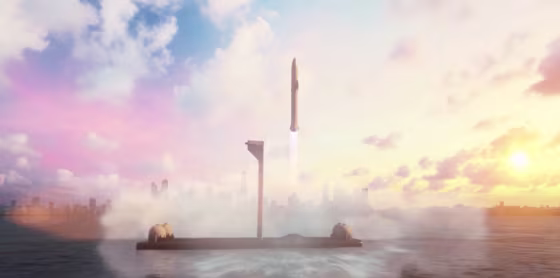 A SpaceX animation screenshot of a Starship spacecraft launching from an offshore spaceport.