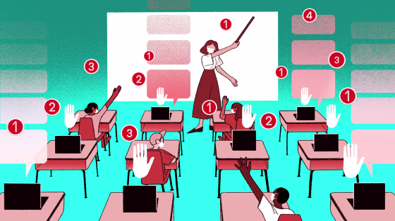 Illustration of teach at front of class, where half the students are at their desk and the remaining desks have open laptops where students are remotely working from.