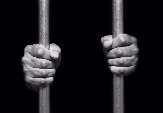 Person's hands holding prison bars