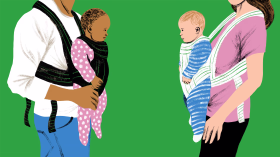 Illustration of two parents, one white and one Black, holding their babies in baby carriers looking at each other.