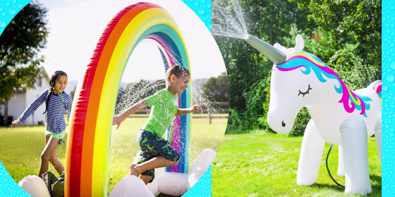 Water sprinklers for kids have come a long way. You no longer need to set up the regular backyard sprinkler that waters your yard — you can now set one up that’s in the shape of a unicorn, dinosaur, rainbow or other bright and fun shape.