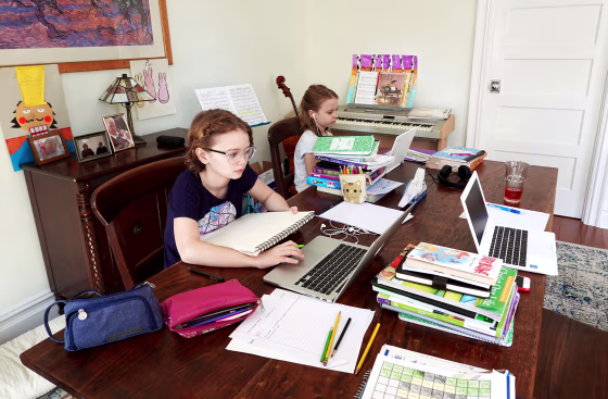 School children working from home during the Coronavirus lockdown, New York, NY