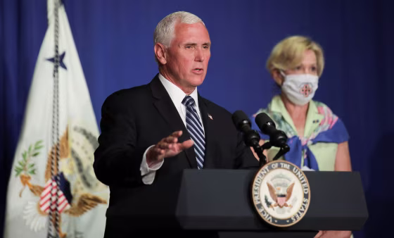 Image: U.S. Vice President Pence leads White House coronavirus task force briefing at the Education Department in Washington