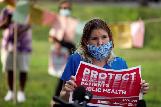 Image: Nurses protest to highlight practices during the coronavirus disease (COVID-19) pandemic at St. Petersburg General Hospital in Florida