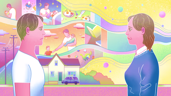 Image: A mother looks back at her son, as projections of his life as a parent float through the background above a home.